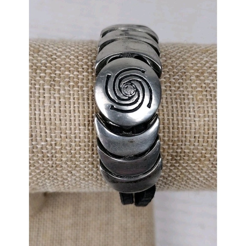 Healing Prayer Spiral Black Leather Bracelet Silver Color Magnetic Clasp USA
